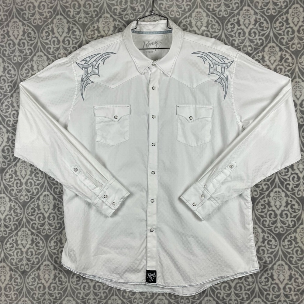 wrangler western shirt rack 47 pearl snap cotton y2k tribal embroidery men's xxl